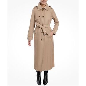 London Fog Tan Women Single Breasted Trench Coat Removable Hood Lrg
